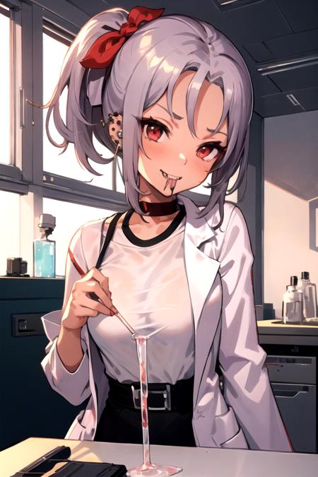 masterpiece, best quality, 1girl, fefe, short grey hair, red eyes, side ponytail, piercing, laboratory, labcoat,
<lora:last-000002:1>