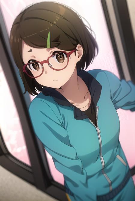 risaaoi, <lora:risa aoi s1-lora-nochekaiser:1>,
risa aoi, short hair, brown hair, hair ornament, (brown eyes:1.5), glasses, hairclip, red-framed eyewear,
BREAK jacket, pants, track jacket, track suit, haori,
BREAK indoors,
BREAK looking at viewer, (cowboy shot:1.5),
BREAK <lyco:GoodHands-beta2:1>, (masterpiece:1.2), best quality, high resolution, unity 8k wallpaper, (illustration:0.8), (beautiful detailed eyes:1.6), extremely detailed face, perfect lighting, extremely detailed CG, (perfect hands, perfect anatomy),