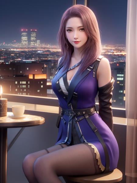 mature female,<lora:yunyouyou_20230629223251:0.75>,belt,pantyhose, arms behind back, cityscape,night,facial mark,sitting,chair,close-up, indoors,table,window,upper body,looking at viewer