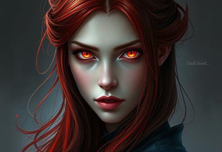 A woman with Red hair and Luminous eyes looks at the camera, Beautiful picture of the character, character portrait, character portrait, 🤤 Charlie Bowater character art, epic portrait illustration, подробныи character portrait, neo-artcore and Charlie Bowater, high quality portrait, fantasy concept art portrait, detailed matte fantasy portrait, charlie bowater art style, Detailed beautiful portrait, fantasy art portrait, dark, chiaroscuro, low-key, oil and watercolor painting