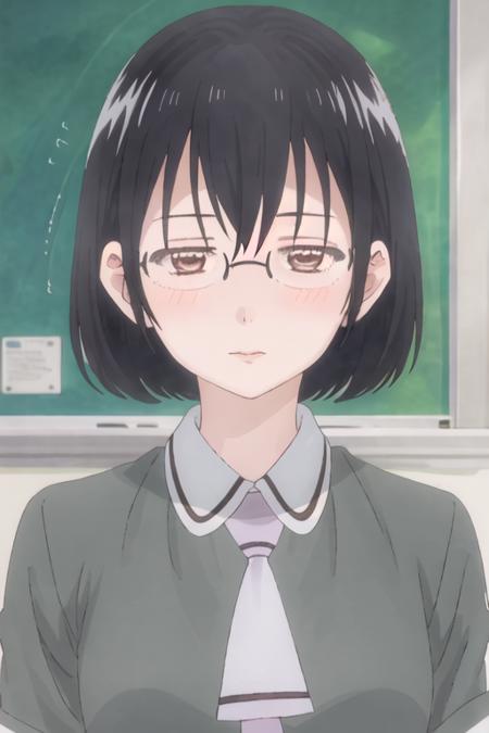 best quality, masterpiece, highres, solo, {kasumi_nomura_asobiasobase:1.15}, black_hair, glasses, short_hair, necktie, brown_eyes, 1girl, from_behind, school_uniform, shirt, upper_body