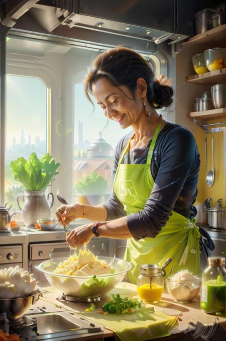 <lora:UraniumTechAI:1> uraniumtech,   A highly detailed mother in her kitchen preparing meal, window sunny day, happy, smiling,