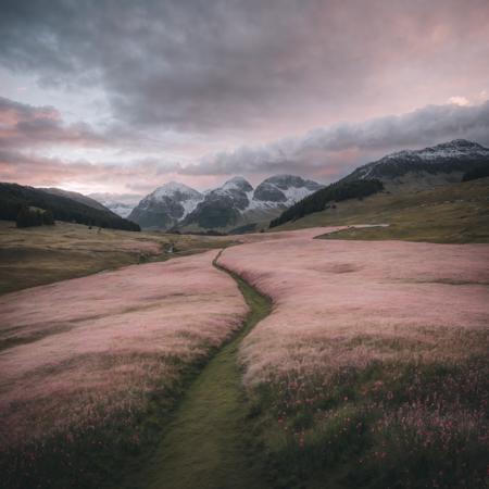 raw photo, 8k uhd, dslr, high quality, (best quality: 1.1), (masterpiece: 1.4), (realisitc: 1.2), (absurdres: 1.2), (photorealistic: 1.3), (highland of socland,pink flowers on ground), ins style,scenery, outdoors,grass and snow, cloudy, sky,((sunset)), view from sky, landscape,peaceful scene,  <lora:ins-lab:0.8>