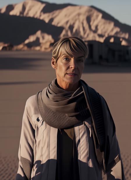 a mature  woman wearing a gray scarf and white jacket with serious look standing in a military base in the desert, <lora:laswell-000008:1>, full body, looking at viewer,