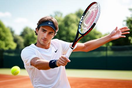 professional modelshoot style photo y
tennis player holding a racket looking at the tennis ball
 realistic, sharp focus, 8k high definition, insanely detailed, intricate,  on summers day, , hyper-realistic, ultra detailed,at a tennis court,  huge crowd blurred out in the background