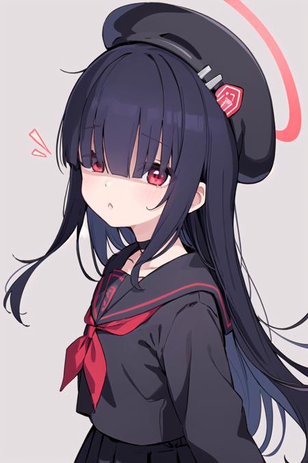 <lora:JTFMob_BA-06_fixed:1>
1girl, jtfmob, halo, hair over eyes, black hair, long hair, red eyes,
beret, black serafuku, black shirt, black skirt, choker, close-up, looking at viewer, :<, :o