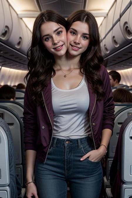 Realistic photo of a beautiful 4nn4k-v1 woman, 2girls, two headed, conjoined, conjoined dicephalus, fit, backpack, v-neck t-shirt and low-rise jeans, wearing a jacket, sneakers, overhead compartment, solo, long hair, wavy hair, dark brown hair, caucasian, big smile, happy, no makeup, realistic, soft, professional Photography, on an airplane, passengers seated in the background. Photorealistic, brightly lit, detailed, RAW, analog, sharp focus, 8k, HD, DSLR, high quality, Fujifilm XT3,  award winning, masterpiece<lora:4nn4k-v1:1.0> <lora:4nn4k-v1:1.0><lora:4nn4k-v1:1.0>