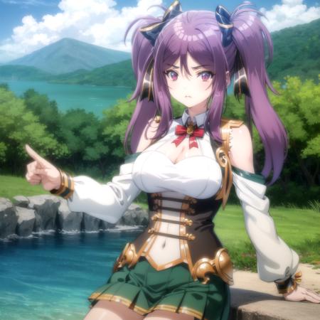 <lora:leone_eiyuu_v1b(resize-sv10):1> leone_olis, purple hair, purple eyes, 1girl, solo, twintails, hair ribbon, collared shirt, neck ribbon, cleavage cutout, shoulder cutout, detached sleeves, green skirt, looking at viewer
BREAK
beach, water, nature, forest, mountain, sky, cloud