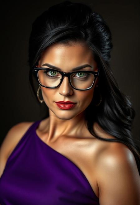 A captivating, elegant, and dominant 45-year-old Caucasian woman, exuding confidence and allure. She has long, flowing black hair styled in a sophisticated updo, framing her face and drawing attention to her piercing green eyes. Her gaze is intense, locked onto the viewer with a sensual, sure-of-herself expression. She wears a pair of elegant, intellectual glasses that enhance her allure. Her makeup is professionally applied, emphasizing her natural beauty with a touch of sophistication. She is dressed in a form-fitting, purple, sexy, yet elegant dress that accentuates her gorgeous curves. The lighting is dramatic, casting shadows and highlights that emphasize her confident and alluring persona.