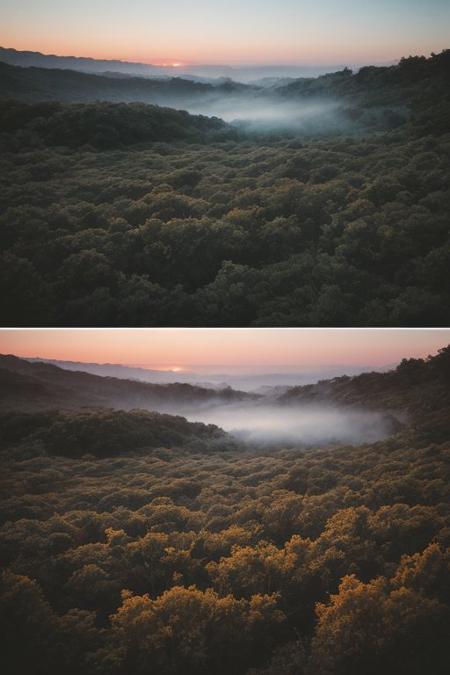 raw photo, a sunset landscape, Valdivian temperate forests, Chilean forest,  cozy, photorealistic, high detailed texture, 8k uhd, dslr, soft lighting, high quality, film grain, Fujifilm XT3, Sony A7 IV, highly detailed photography, (muted colors, cinematic, dim colors, soothing tones:1.2), vibrant, insanely detailed, hyperdetailed, (dark shot:1.2), (vsco:0.3), (intricate details:0.9), (hdr, hyperdetailed:1.2) (highest coherency: 1.39) (highest quality: 1.39) (rule of Thirds) (award winning) (breathtaking) (masterclass) (vibrant color: 0.79) (mist)
