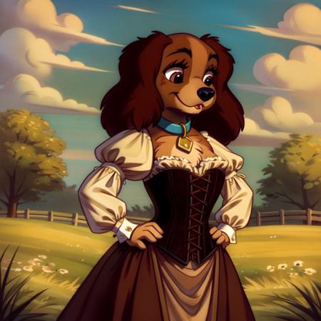 masterpiece, best quality, detailed, cocker spaniel, detailed eyes, perfect eyes, cocker spaniel, solo, smile, standing, outdoors, field, grass, clouds,, collar,  lady \(ladyandthetramp\), dog ear, animal nose, dog, Victorian dress, corset, furry, furry female, anthro, anthropomorphic, standing, hands on hips, (uploaded on e621), (((by buried_frog))
 <lora:Ladyv1.1:1>, body fur, closed mouth,