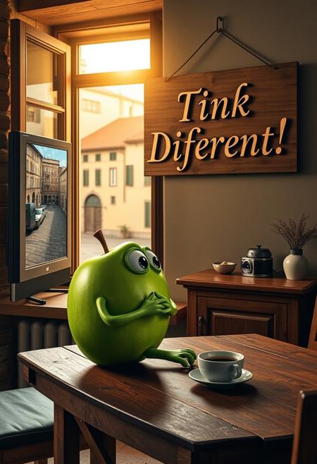 "In a cozy Italian apartment, an anthropomorphic green apple with expressive features—eyes, arms, and legs—sits on a rustic wooden table, watching a large TV on the wall. Golden sunlight filters through an open window, revealing an old piazza with cobblestone streets and terracotta rooftops. On the screen, an Apple computer commercial plays, showcasing sleek designs and vivid colors.
The green apple leans forward, captivated, its eyes wide with curiosity. A beautifully crafted cardboard sign hangs above the TV, boldly reading 'Think Different!' in elegant, Renaissance-inspired typography. The sign’s intricate details blend old-world craftsmanship with modern flair.
The room combines traditional and contemporary Italian aesthetics: exposed brick, wooden beams, and modern decor. Soft light from the TV illuminates the apple’s glossy green skin, as the scent of espresso drifts from the nearby kitchen, merging Italy’s timeless charm with high-tech innovation."