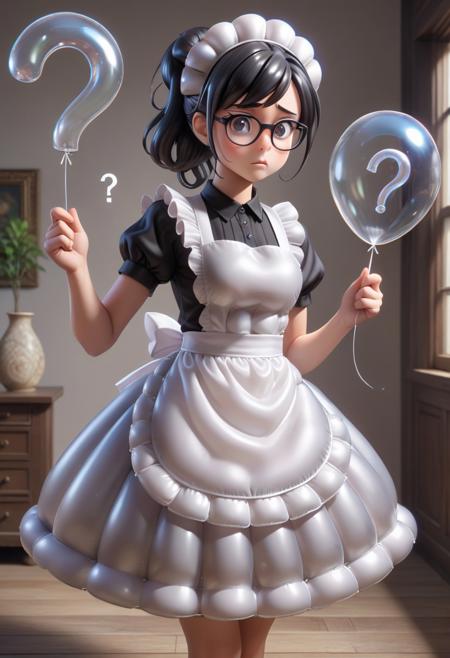 masterpiece,best quality,amazing quality, zynflatable, 1girl, maid, maid headdress, inflatable dress, long dress, (white apron:1.2), small breasts, black hair, folded ponytail, swept bangs, gray eyes, glasses, confused, question mark balloon