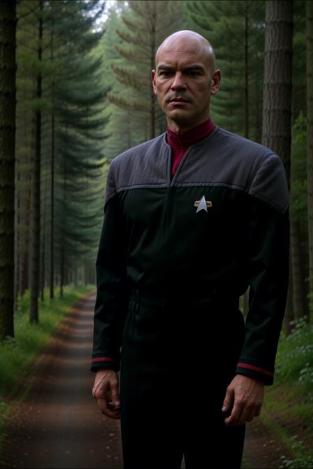 young bald man in black and red ds9st uniform,in a forest, 8k uhd, dslr, soft lighting, high quality, film grain,masterpiece quality,Fujifilm XT3<lora:DS9_768V12:0.8>