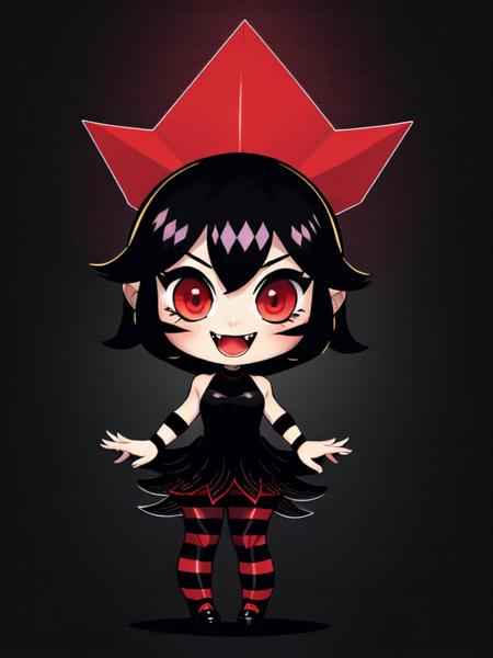 zakuro, (masterpiece:1.2), (best quality:1.2), full body, 1girl, solo, complex lighting, simple background, short hair, black hair, pale skin, (black dress, mary janes, striped pantyhose, red and black stockings:1.1), cute, adorable, extremely detailed face, (fangs, vampire)+, large eyes, (charming smile, happy)+, blush,