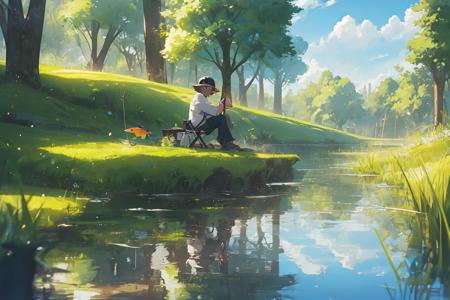 detailed background, masterpiece, best quality, The boy at the bottom of the lake, fishing, fishing rod, reflection, 1boy, outdoors, fish, holding fishing rod, hat, male focus, solo, water, baseball cap, fishing line, long sleeves, black hair, sitting, grass, short hair, sky, tree, nature, pants, day, reflective water, cloud, from side, closed mouth, ripples, profile, animal, black eyes, wide shot, barefoot, black headwear, looking away, holding, scenery
<lora:niji_3w_1ep:1.2>