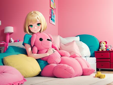pinkroom, pink wall, bed, stuffed toy, pillow, couch