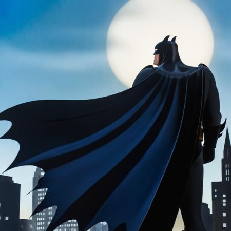 Hyperrealistic art of  <lora:Batman The Animated Series Style:1.2>
In Gotham City a batman silhouetted against a blue sky Batman The Animated Series Style, Extremely high-resolution details, photographic, realism pushed to extreme, fine texture, incredibly lifelike