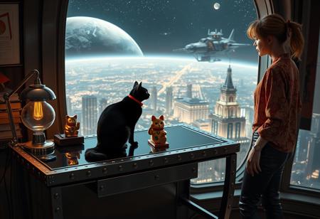 A sleek black cat with red collar sits on a cluttered metal riveted desk with transparent top and micro-LED lighted computer components visible inside, On the desk is a gold and lacquer maneki neko statue and an art deco glass and metal lamp, the Black Cat is looking out of a seamless and futuristic floor to ceiling window that looks out at a planet from low orbit, the planet is covered with the lights of enormous buildings and cities, (((a beautiful woman, 24 years old, is standing next to the desk the cat is sitting on and looking longingly out the window, the woman is dressed in an ornate Japanese style shirt and elegant leather pants with an ornate design. An enormous deco starship with futuristic lighting and an enormous space station are visible in the background among the stars, The woman's hair is messy from just waking up and tied up with a ribbon.  Artistic art deco, dynamic perspective, (((overall architectural aesthetic is Art Deco Cyberpunk))).  Epic image that elicits a feeling of wonder and awe,