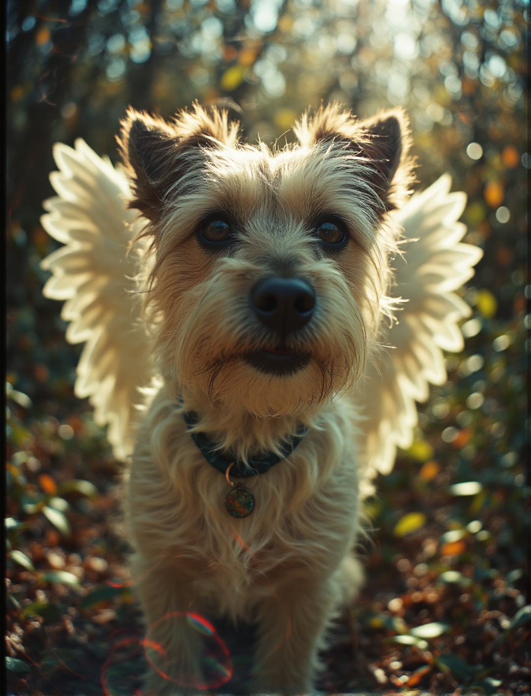 A closeup of a small, fluffy dog with light brown fur standing in a forest. The dog is wearing a collar with a round tag and has a pair of white, feathered wings coming from its back. The background is filled with blurred trees and foliage, with sunlight filtering through, creating a serene and magical atmosphere. 