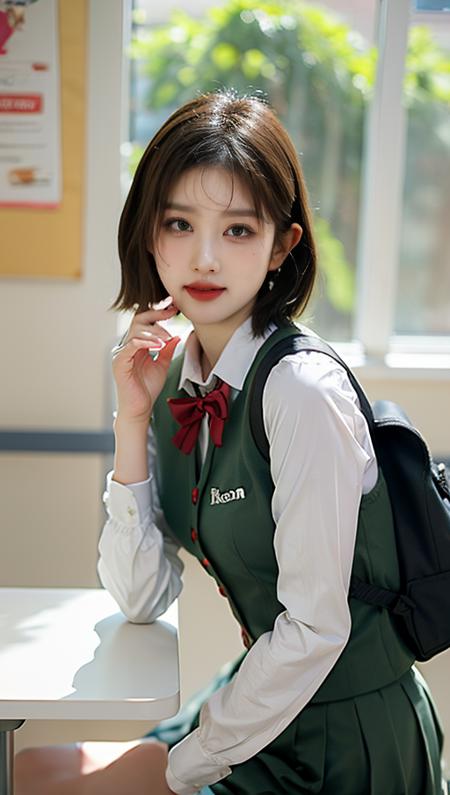 uniform, lipstick, vest, long sleeves, short hair, 
<lora:kpop_makina69_gaeul_v1.0:1>, uniform, school uniform, school, school bag, smile, classroom, chalkboard, chair, photography, RAW photo, photo, sharp focus, Canon 5D, Fujifilm, cinematic lighting, professional lighting, natural light, ray tracing, volumetric light, masterpiece, best quality, high quality, highres, ultra highres, 1girl, half body, half length shot, eye contact, shiny eyes, (looking at viewer:2), facing the viewer, solo, detailed skin, smooth skin, red lips, blush, detailed hair, pureerosfaceV1.9Q3J, [:(detailed face:1.2):0.2], <lora:goodhands_Beta_Gtonero:1>