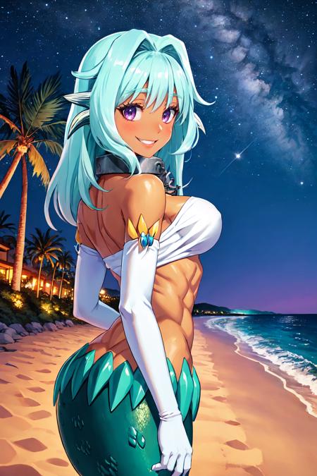 (masterpiece, best quality), outdoors, night sky, starry sky, beach, ocean, palm tree, detailed face, cowboy shot, 1girl, solo, Levia-san, mermaid, monster girl, head fins, dark-skinned female, <lora:Levia-san_V1-Manityro-dadapt:1>, toned, abs, smile, blush, looking at viewer, collar, white bandeau, elbow gloves