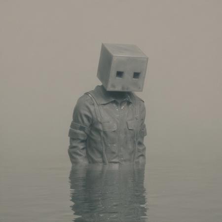 man, water, mist, dark, box head, huleebstyle, helmet, dark, monochrome, (simple:1.2), <lora:HuleebStyle_v1:0.85>