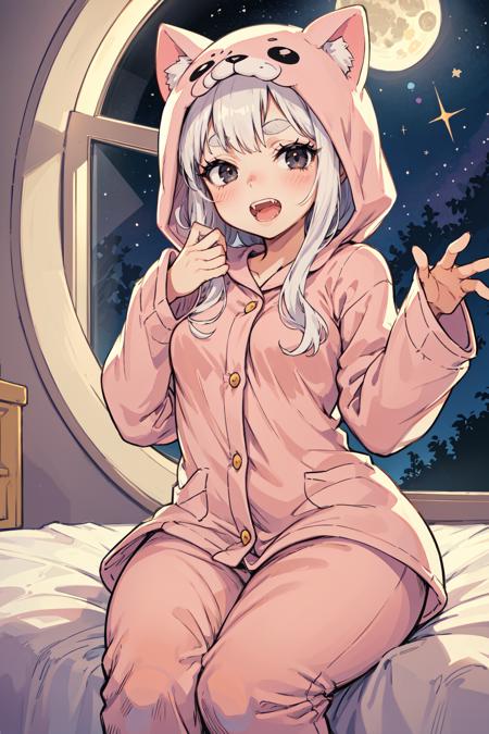 Original Character, Volumetric Lighting, Best Shadows, Shallow Depth of Field, Portrait Of Stunningly Beautiful Girl, Petite, Delicate Beautiful Attractive Face With Alluring Black Eyes, Half Closed Eyes, Thick Eyebrows, Yawning, Open Mouth, Cute Fangs, Lovely Small Breasts, Layered Medium White Hair, Blush Eyeshadow, Thick Eyelashes, Kigurumi Animal Pajamas, In The Dreamy Attic Bedroom, Sitting On Comfortable Bed, With Animal Pillows, Lovely Duvet Cover, Under The Circular Round Window, Fantastic Night Sky of Through Window, Moonlight, Milky Way, Starburst, (Highest Quality, Amazing Details:1.25), (Solo:1.3), Brilliant Colorful Paintings