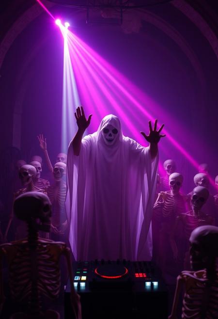 Promotional shots of an epic crowded ghosts and skeletons rave party in an ancient cemetery, laser beams, black magic, a ghost is the dJ