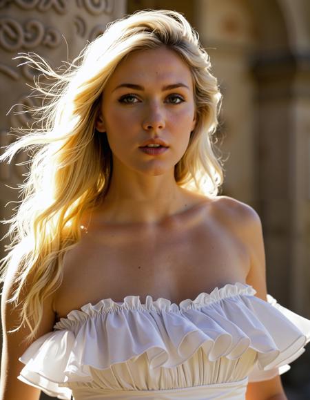 close up analogue photo of a beautiful 25 years old blond woman, clear focus, high resolution image, RAW full body analogue photo of a beautiful 25 years old woman, clear focus, high resolution image,  ,wearing dramatic A-line gown with a fitted bodice and cascading ruffles, showcasing her moves,,photo Fantasy art combining the styles of Boris Vellejo and Luis Royo,Photorealistic, real photo, god rays, 1girl, 21yo,realistic, ,Sexy pose, erotic pose, exhibitionism, ,ancient ruins