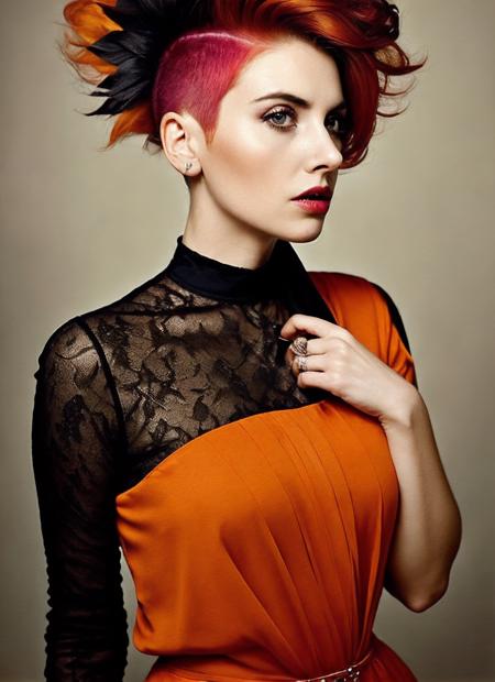 portrait of sks woman by Flora Borsi, style by Flora Borsi, bold, bright colours, orange Mohawk haircut, ((Flora Borsi)), <lora:locon_alisonbrie_v1_from_v1_64_32:1.3>