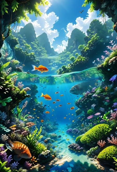 This ultra high-resolution masterpiece is characterized by its beautiful lighting and breathtaking details. Set in a lush green forest with majestic mountains, the scene is bathed in bright sunlight that illuminates crystal-clear water, creating a mesmerizing deep underwater effect.
The composition skillfully combines elements of anime and realism, with a character appearing half above the water and half below, surrounded by a clear underwater environment teeming with tropical fish. The scene is further enhanced by the presence of a beautiful sky filled with clouds and smoke, adding depth and dimension to the overall composition.