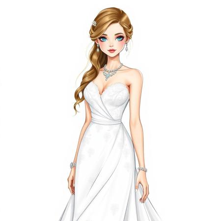 A full-body fashion drawing of a 20-year-old girl with long hair styled in an elegant wedding hairstyle. She has striking blue eyes and is wearing a beautiful white wedding dress adorned with delicate details. Her look is completed with elegant jewelry, enhancing the sophistication of the bridal design. The style is clean, detailed, and focused on showcasing the elegance and flow of the dress and accessories in a fashion illustration style.