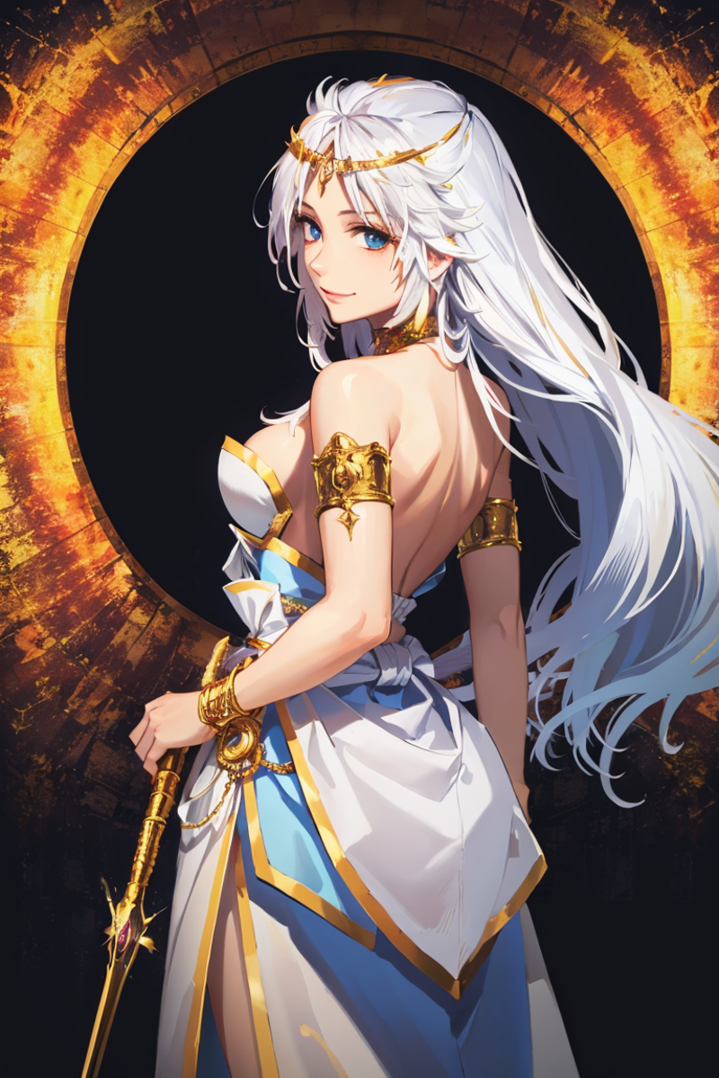 A beautiful woman with white hair, dressed in a white and blue dress, and holding a wand.