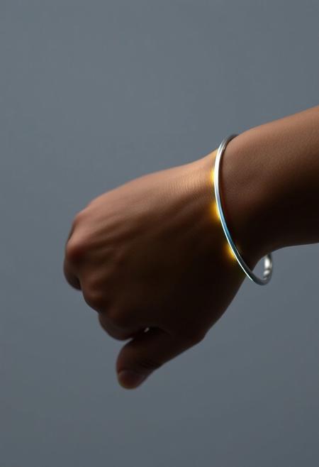 subdermal LED cuff bracelet, (internal LED glow:1.7), (embedded LEDs:1.7) forming an elegant band of light around the wrist, soft glow radiating evenly beneath the skin, (uniform light segments:1.6), (glowing light bands:1.6) mimicking the structure of a classic cuff bracelet, natural skin tone with seamless light diffusion, high-definition, (ultra-realistic skin texture:1.8), radiant light seamlessly integrated into the skin, perfect for both formal and everyday wear, (worn bracelet:-1.8), (visible cuff:-1.8), (unnatural glow:-1.5), smooth, refined light transitions, modern and bold, timeless elegance
