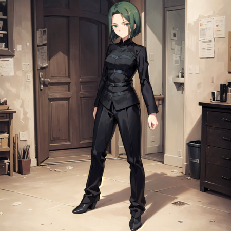 hisaumaiya an animation art that depicts a girl with black clothes and an unusual expression, 1girl, solo, green hair, short hair, full body, room background, indoors,