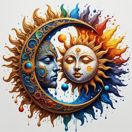 Finely detailed vector illustration. sun and moon, eternity, ultra realistic quality,circle symbols,white background, oil painting, hyperdetailed, intricately detailed,  triadic colors,fantastical,intricate detail,splash screen,complementary colors, fantasy concept art, 8k resolution, masterpiece,oil painting,heavy strokes,paint dripping.