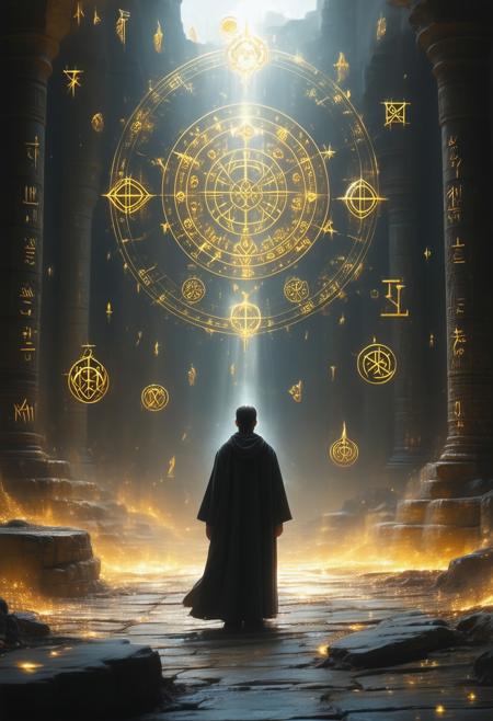 A lone figure reaches toward golden sigils floating in air, ancient glyphs shimmer with warning, fear stirs beneath beauty, light radiates power and risk, a whisper of danger in silence, Neo-Gnostic Realism, sacred tension, the magic tests him.
<lora:FLUX-daubrez-DB4RZ-v2:0.55> <lora:Sinfully_Stylish_.02_for_FLUX:0.35> <lora:dystopia:0.6>