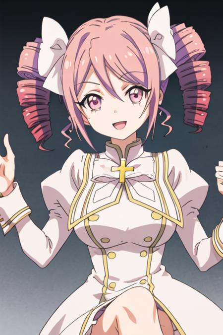 best quality, masterpiece, highres, solo, {pino_jashinchandropkick:1.15}, drill_hair, pink_hair, twin_drills, ribbon, twintails, hair_ribbon, cross, pink_eyes, 1girl, looking_at_viewer, open_mouth, shaded_face