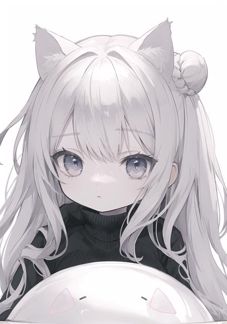  best quality, masterpiece, best quality, simple, monochromatic, Chibi, white cat(animal), round, bun, cat Slime, cat ears,・ω・
breasts,
