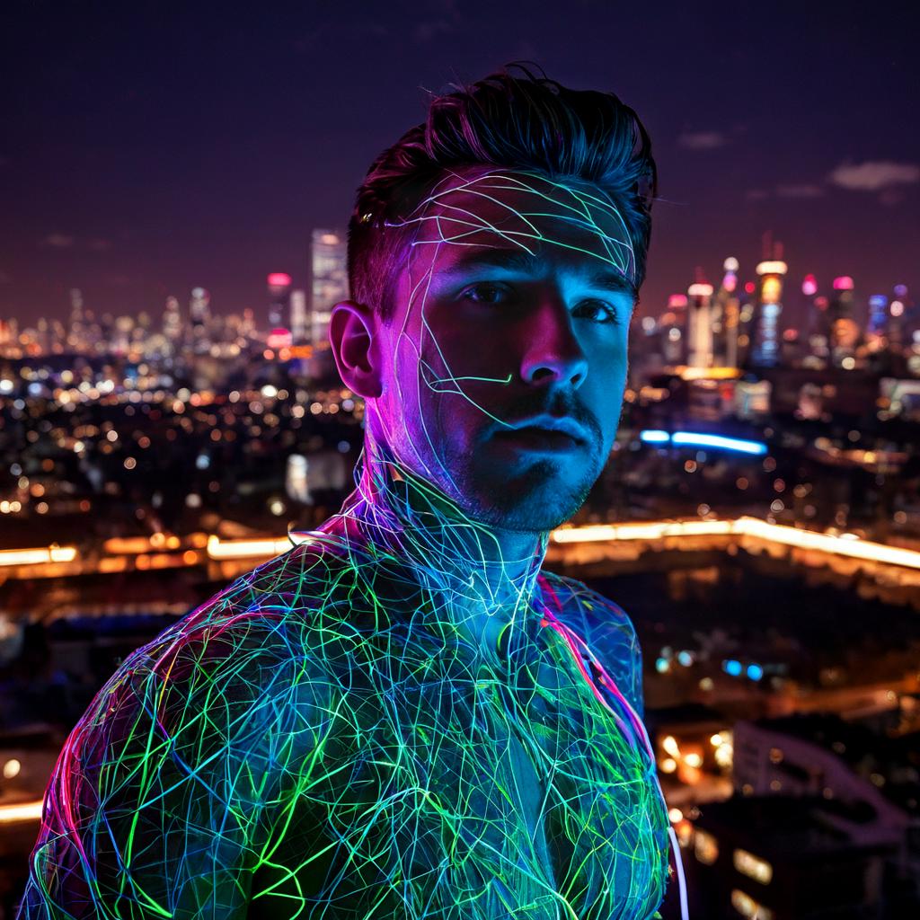 long shot scenic professional photograph of A hyperrealistic portrait of a man whose body is being consumed by glowing neon wires, each wire wrapping around his limbs and sinking into his skin, glowing brightly with electric light. His face is calm, despite the chaos, with wires twisting around his eyes, nose, and mouth, as they light up his features in bright neon colors. His hair has become a mass of glowing wires that pulse with energy. Behind him, the background is a vast, futuristic cityscape of towering neon skyscrapers and glowing wires that stretch into the sky, casting sharp, electric shadows on everything., perfect viewpoint, highly detailed, wide-angle lens, hyper realistic, with dramatic sky, polarizing filter, natural lighting, vivid colors, everything in sharp focus, HDR, UHD, 64K