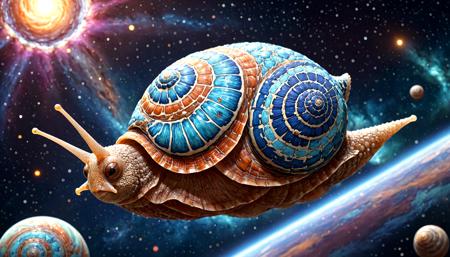 (Surrealistic flying snail:1.05) adorned with phosphorescent patterns on its shell, floating across the space an passing big planets., <lora:Zellij:0.4>