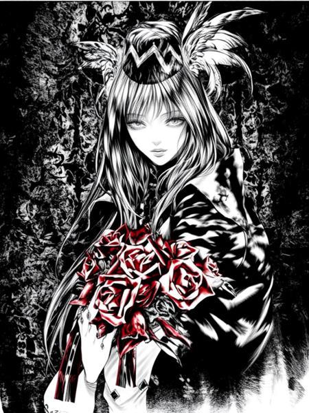 By Ayami Kojima. A digital drawing in a monochrome manga style features an ethereal, pale-skinned, silver-haired figure with long, flowing hair, partially covered by a winged hat trimmed with feathers, and an elaborate tattered coat. The serene figure carries a bouquet of vibrant red roses, creating a striking contrast against the dark, shadowy background filled with menacing foliage, evoking a gothic ambiance. The figure has an air of mystery and elegance.