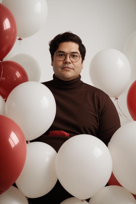 HarveyGuillen, fashion portrait photo of handsome man from the 60s wearing a (red turtleneck) and glasses standing in the middle of a ton of white balloons, taken on a hasselblad medium format camera <lora:rs-HarveyGuillenLora-03:1>