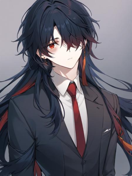 <lora:ren:1>,
1boy,long_hair,hair_over_one_eye,red_hair,jewelry,earrings,black_hair,multicolored_hair,tassel,red_eyes,(suit:1.2),(necktie:1.2),half updo,