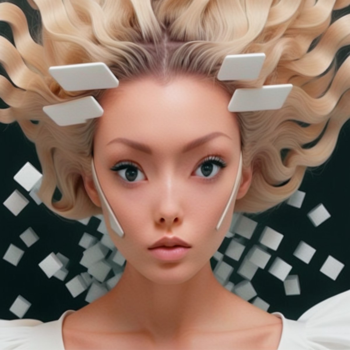 <lora:brtbbyxlv2:1.6>white woman, brtbby hair,1girl, blonde,,24 year old girl, made out of geometric shapes,  in a portrai...