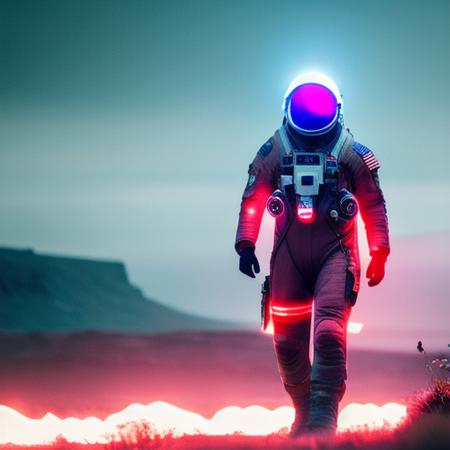 neon-ground-astronaut scifi style,a human male man figure in astronaut suit in field,helmet glowing pink, dynamic lighting, atmosphere  lighting, hyper detail features, ray tracing, high flare, 3D, cinematic lighting, dark shadows, unrealistic Engine 5 rendering, hyper detail,trending on artstation, 4k,extremely high details, ultra hd, hdr, 8k, extremely high details