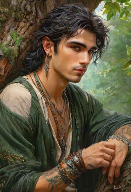Hyper-realistic digital painting of a beautiful elven man, 
dark green eyes, 
messy shoulder-length hair, 
pointed ears, 
leaning against a tree, 
finely detailed necklace and bracelets, 
tattoos, 
in a surreal and fantastic setting, 
combining the artistic styles of Jose Royo, 
Boris Vallejo, 
Julie Bell, 
Carne Griffiths, 
and Brian Froud, 
precise anatomy, 
with a centered symmetrical composition, 
volumetric lighting, 
rays, 
vivid colors reflects