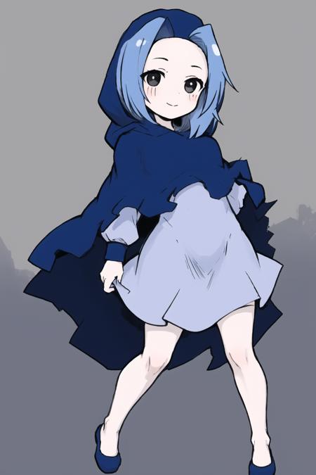 1girl,solo, 
full body,
<lora:KOMUGIKO_V10:0.85>,KOMUGIKO,black eyes,light blue bungs,intake bungs,forehead, putting on a blue hood,blue cape,light blue dress,