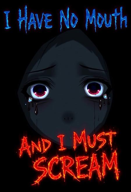 A hauntingly beautiful image of a featureless anime face, shrouded in a black shadow background, with a pair of raging, tearful eyes that seem to convey a depth of emotion that cannot be expressed. The eyes, two glowing, orbs of sorrow, are brimming with tears, as if the being's very soul is being torn asunder by some unseen torment. The face itself, a blank, expressionless slate, seems to amplify the intensity of the eyes, creating a sense of unspoken, unrelenting anguish. The phrase "I Have No Mouth" is emblazoned across the top of the image in bold, blue, blazing font, while the phrase "And I Must Scream" is scrawled across the bottom in a fiery, red, blazing font. The overall effect is one of eerie, existential despair, as if the viewer is witnessing a being trapped in a living nightmare, forever silenced, yet screaming in silent, anguished torment. highest-Quality, intricate details, visually stunning, Masterpiece